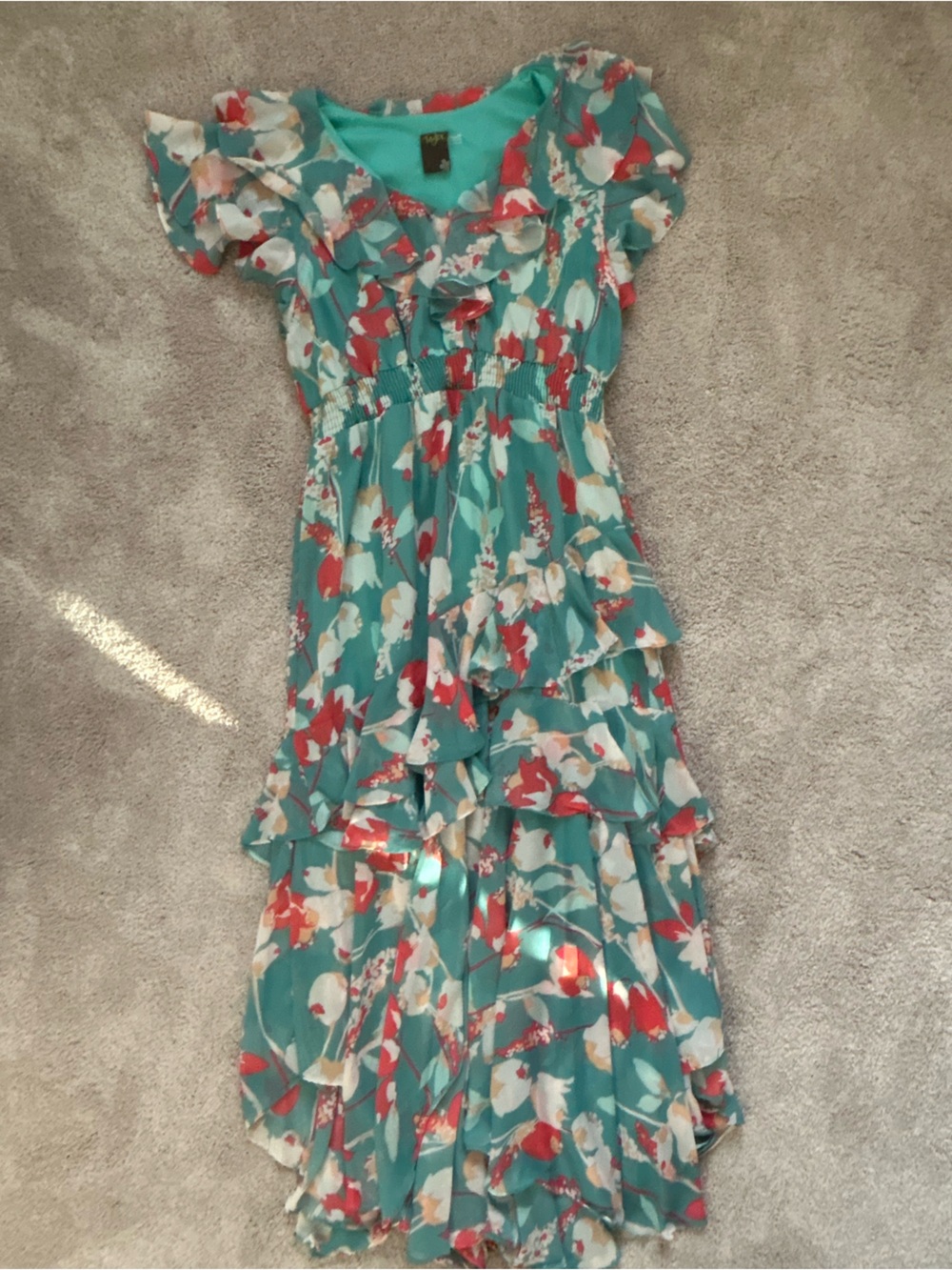 Teal Floral Tiered Ruffle Midi Dress
